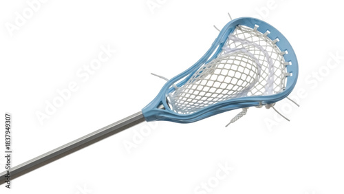 Isolated light blue lacrosse stick with white net for playing a team sport game outdoors