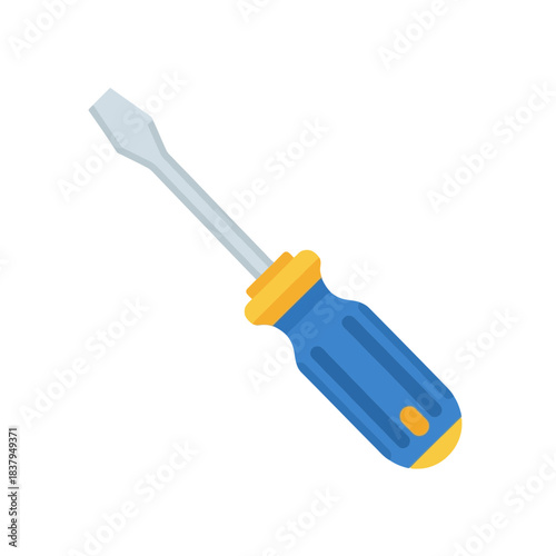 Flat-head screwdriver with blue and yellow handle, a crucial tool for tightening and loosening screws in repair and DIY projects, symbolizing practical utility