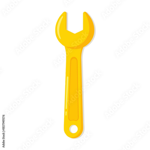 A bright yellow wrench, a common tool for mechanical tasks and repairs, isolated on a clean white background