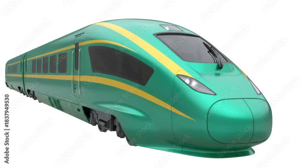 Naklejka premium Isolated view of a high speed train, sleek green exterior with gold stripes, streamlined shape