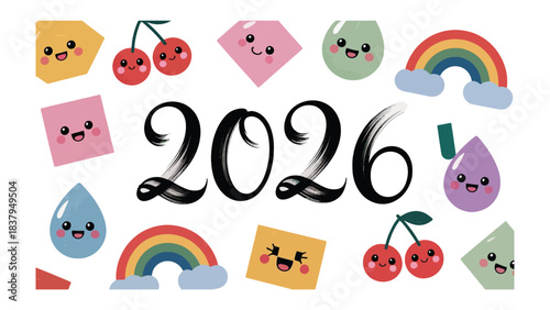 Joyful 2026: Cheerful illustrations celebrating the year 2026, featuring a rainbow of whimsical characters.