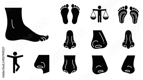 Black and white vector illustration of human body parts and abstract figures