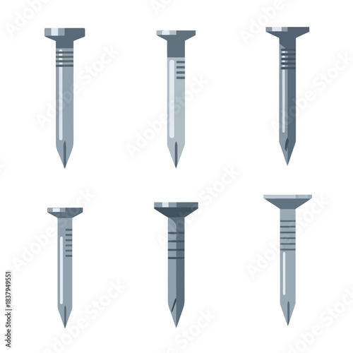 Collection of six silver metal nails, each with a different head, isolated on a white background, showcasing construction and repair tools