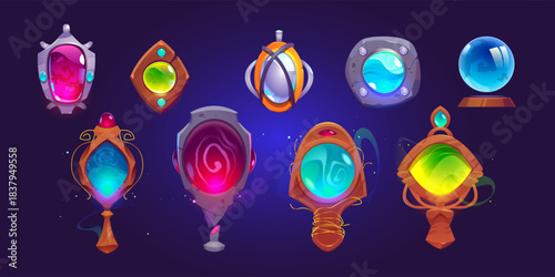 Magic amulets, mirrors and glass sphere