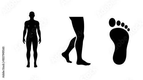 Black silhouette human body parts full figure leg in motion and foot print