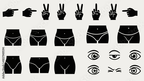 Black and white hand gestures body parts and eye icons on a plain background