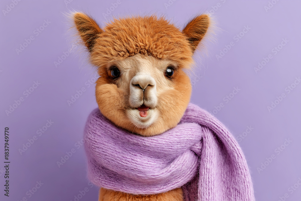 Naklejka premium Fluffy brown alpaca wearing a cozy purple knitted scarf, looking directly at the camera with a curious expression, standing against a pastel purple background