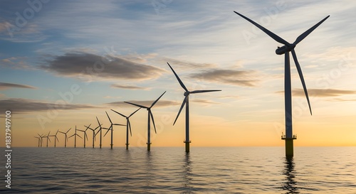 Offshore Wind Farm at Sunset Generating Clean Energy.