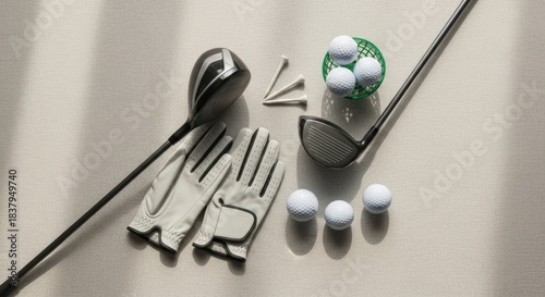 Clean and simple flat lay of golf gear on an empty white backdrop, showcasing a modern aesthetic