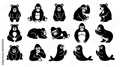 Black and white animal silhouettes bears gorillas and seals collection