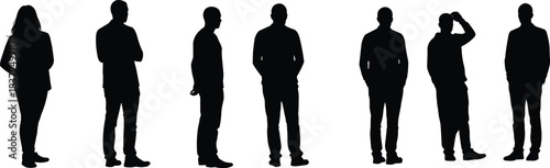 Silhouettes of diverse people standing, body language concept, anonymous figures, posture study, human shapes, minimal design, black outline, white background