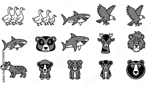 Cartoon animal collection geese shark eagle bear deer in grayscale