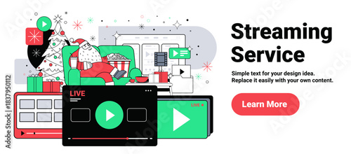 Santa streaming Christmas movies festive living room holiday tree gifts popcorn sofa digital screens modern web banner template