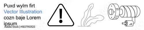 Safety signage, caution warnings, industrial equipment, abstract design, instructional materials, hazard awareness. Black line warning icon, abstract shape mechanical part. Safety signage