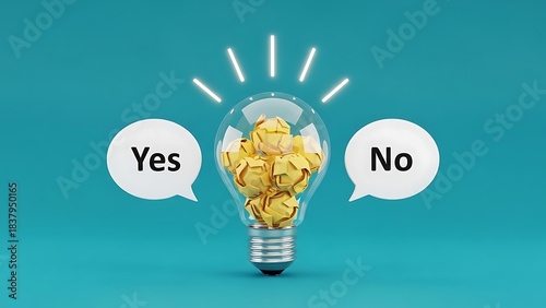 Lightbulb with Yellow Crumpled Paper Yes No Speech Bubbles on Teal