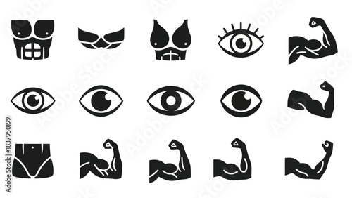 Black and white human anatomy and body parts icon set for various uses