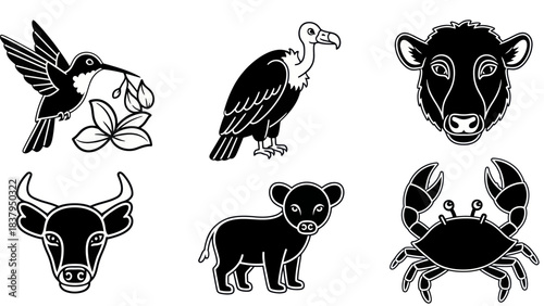 Black and white animal silhouettes bird vulture cow buffalo lion crab