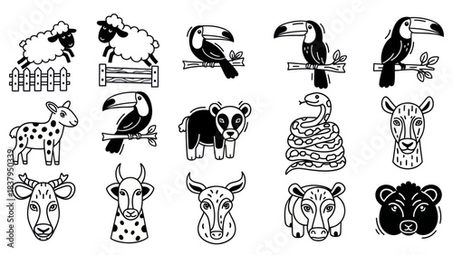 Black and white illustrations of various animals in a minimalist style