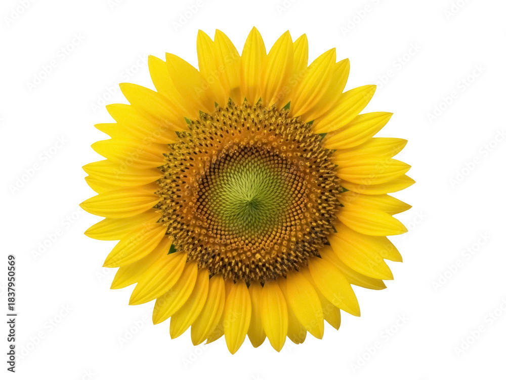 Fototapeta premium Isolated sunflower bloom shows vibrant color of petals, texture of center seeds in detail