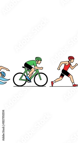 Triathlon sports illustration featuring swimming, cycling, and running.