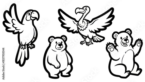 Black and white animal illustrations parrot vulture and bears in playful poses