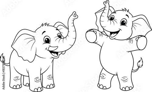 Cartoon baby elephant icon set, cute standing character with smiling face and raised trunk, cad drawing flat vector illustration