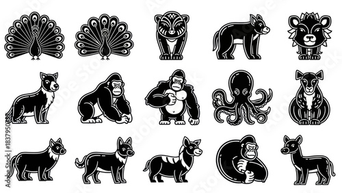 Black and white animal illustrations peacock bear gorilla dog and octopus