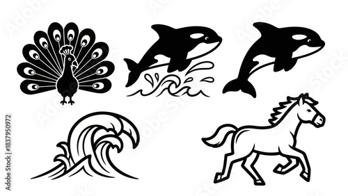 Black and white animal illustrations peacock dolphin horse wave set