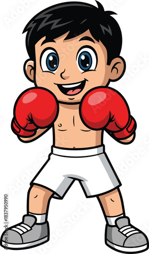Cartoon boxer boy icon set, cheerful young fighter in ready stance with gloves and gear, cad drawing flat vector illustration