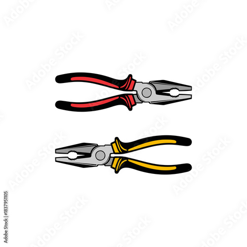 Two pairs of hand tools, specifically pliers, with distinct red and yellow handle grips, commonly used for various electrical and mechanical tasks.