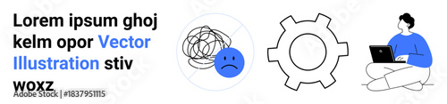 Tangled lines over sad face icon, large gear cogwheel, person sitting with laptop. Ideal for emotions, creativity, problem-solving, technology, teamwork, productivity simple landing page
