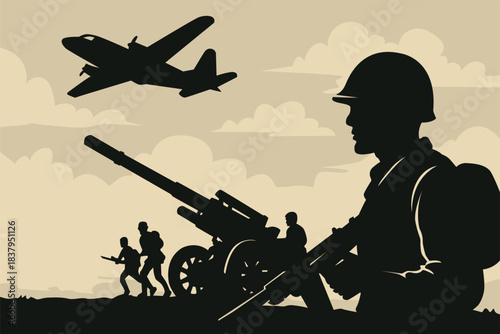 Silhouettes of brave soldiers and military equipment in the middle of a war-torn city.