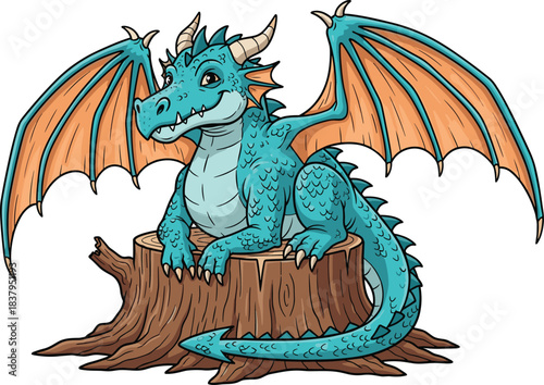Cartoon dragon icon set, fantasy creature sitting on tree stump with wings and tail, cad drawing flat vector illustration