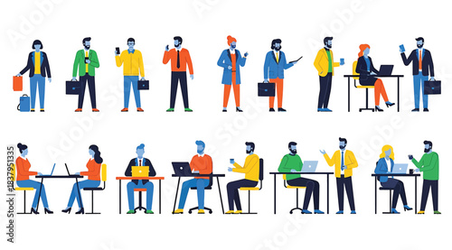 Illustration of business professionals in vibrant office scenes, showing solo and group interactions with laptops, briefcases, and smartphones, representing teamwork, productivity, and modern workplac