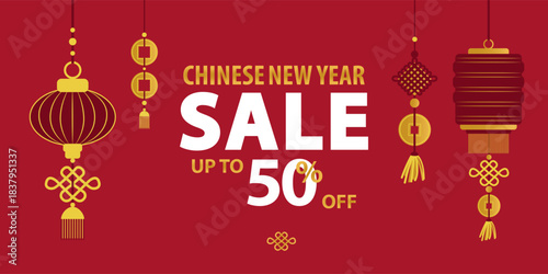 Chinese New Year sale promotion vector illustration with red and gold hanging lanterns and festive ornaments. Bold text highlights up to 50 percent discount on a vibrant red background.