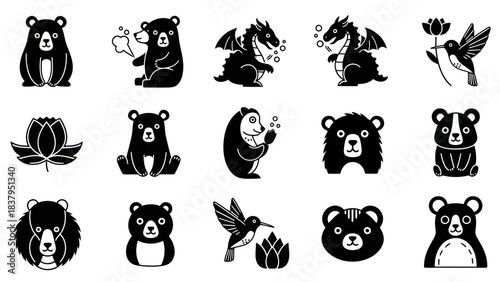 Black animal illustrations of bear dragon hummingbird and lotus flower icons