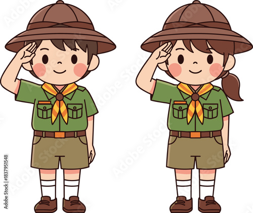 Cartoon scout kids icon set, cheerful children in uniform saluting with hats and neckerchiefs, cad drawing flat vector illustration