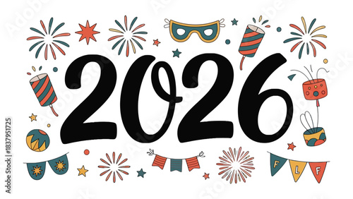 New Year's Eve Celebration 2026: An eye-catching and festive illustration of the year 2026, surrounded by colorful fireworks, banners, confetti, and party decorations, setting a celebratory mood.