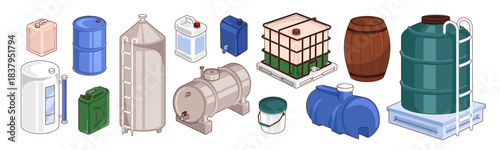 Set of various containers for liquids. Reservoirs with different shapes and sizes to storage drinking water. Tanks, barrels, cisterns with tap. Flat isolated vector illustrations on white background