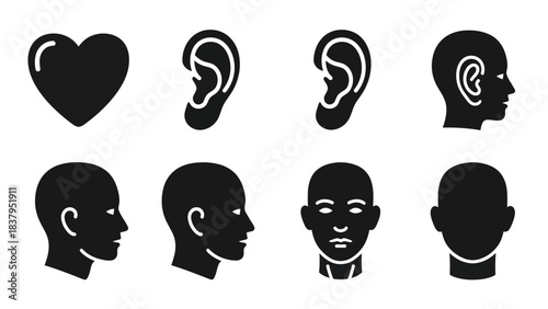 Black silhouette human face and body parts icons set vector illustration