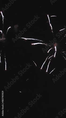 Vertical video. Fireworks show. Festive fireworks on a black background on New Year's Eve. Fireworks at a wedding, defocused.
