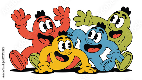 Cheerful Companions: A delightful group of colorful animated characters radiates joy and camaraderie, offering a visual symphony of happiness and togetherness.