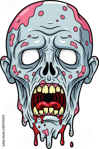 Cartoon zombie head icon set, horror character with blood, decayed teeth and sores, cad drawing flat vector illustration