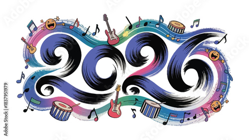 Music Year 2026 Celebration: A vibrant artistic illustration announcing the arrival of year 2026, music note, instruments, drum, guitar, creating an atmosphere of festivity and artistic expression.