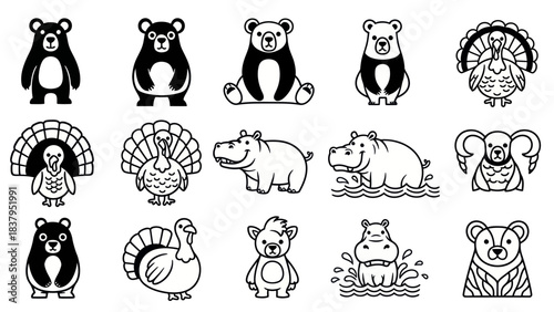 Black and white cartoon animal illustrations for design and creative projects
