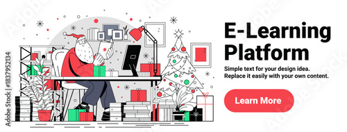 Santa Claus Christmas e-learning concept workspace festive gifts decorated tree modern office computer books holiday theme website banner
