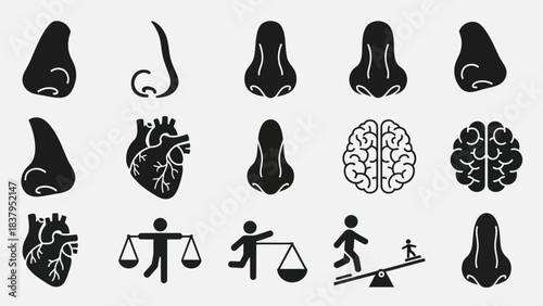 Black and white human anatomy illustrations nose heart and brain silhouettes