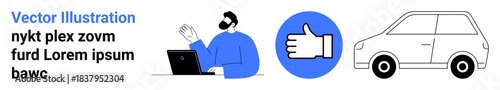 Remote work, feedback, automobile industry, digital communication, approval symbols, professional setups. Man working on laptop, thumbs-up icon and car outline. Remote work and feedback concept
