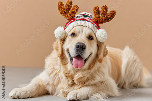 Golden retriever wearing a festive knitted reindeer hat with antlers and pom-poms, lying on the floor and smiling at the camera, conveying holiday cheer and warmth