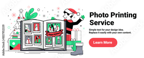 Santa Christmas photo album holiday celebration festive elf character gift boxes decorated tree flat design website banner